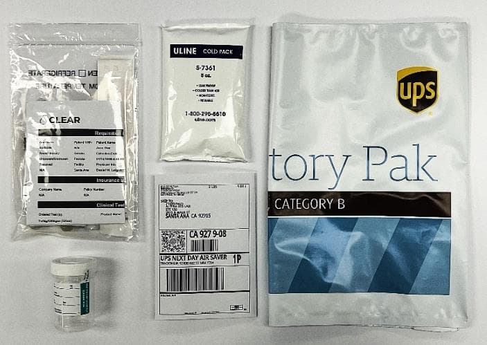 What's inside the CLEAR Ship Kit — collection tubes, swabs, urine cup, cold pack, UN3373 bag and UPS label