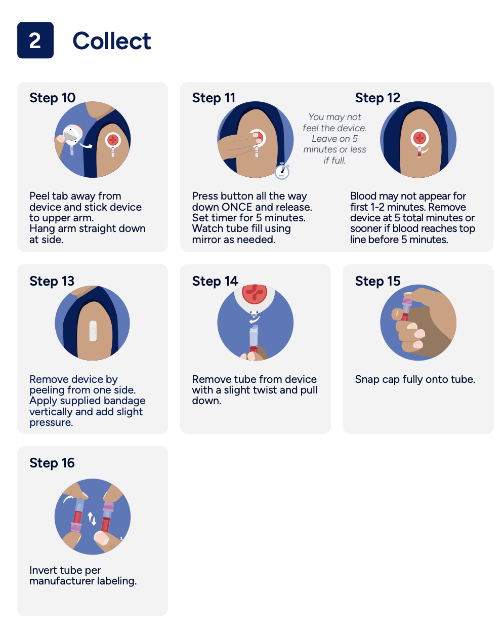 Step 2 — Collect: peel the tab and stick the device on, press the button once, wait up to 5 minutes for the tube to fill, remove the device and bandage, cap the tube and invert.