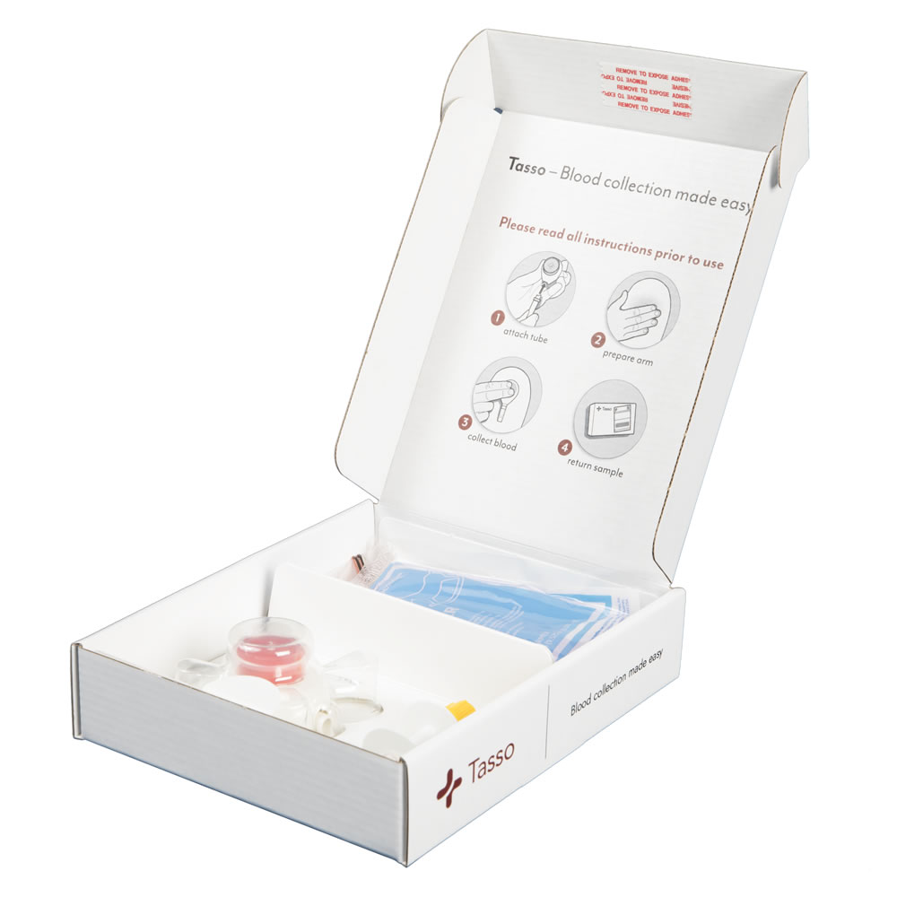 The CLEAR Home Kit — Tasso ‘Blood collection made easy’ box with the collection device, tubes, alcohol pads, bandage and prepaid return mailer.